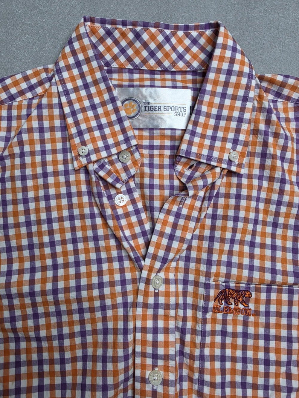 The Tigers Sports Shop Men’s Orange Purple‎ Checked Button-Down Shirt Clemson XL